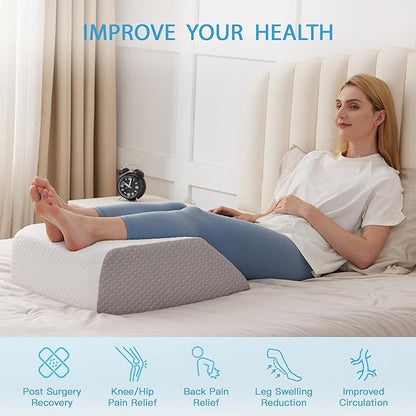 Leg Pillow Elevation Blood Circulation, Leg Wedge for Elevation for Swelling, Leg Elevating Pillow for After Surgery, Memory Foam Foot Knee Pillow for Back Sleeping 24×22×8 Inch White/Grey