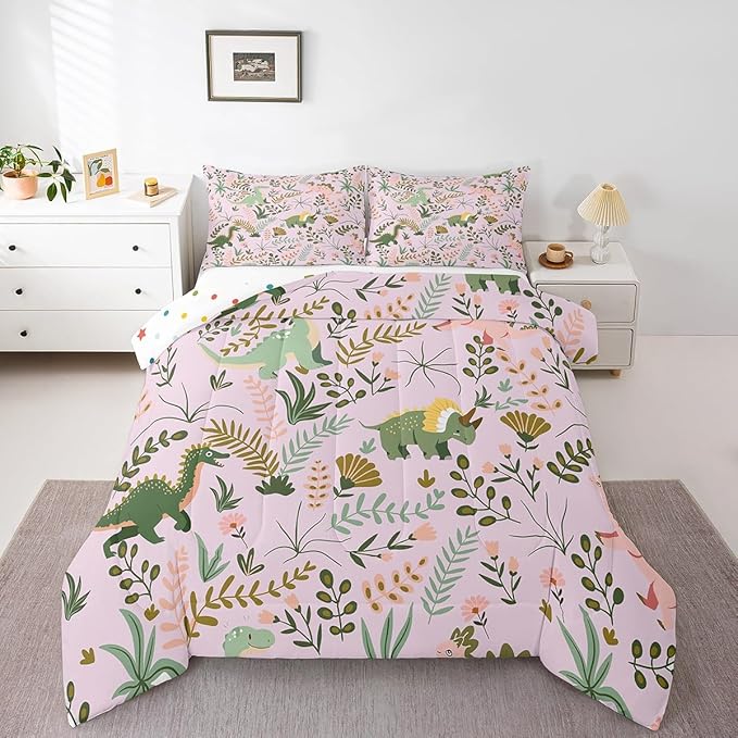 Castle Fairy Cute Dino Pink Kids Comforter Set Toddler Size,Kawaii Green Dinosaur Reversible Bedding Set for Kids Girls,Cartoon Wildlife Floral Leaves Plant Quilted Duvet with 1 Pillowcase