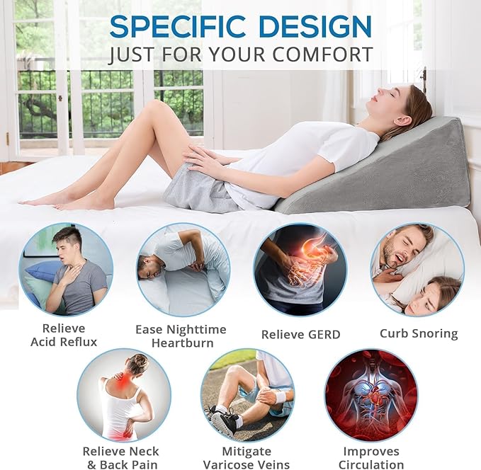 Sasttie Wedge Pillow, 12 Inch Memory Foam Bed Wedge Pillow for Sleeping, Acid Reflux, Back Pain, Post Surgery, and Snoring, Designed with Washable Cover, Solid Warm Gray