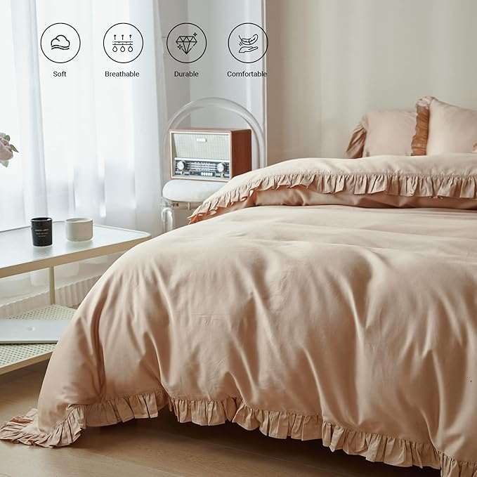 Simple&Opulence Kids 100% Organic Cotton Twin Duvet Cover Ruffle 2Pcs(1 Comforter Cover 1 Pillowcase) Cute Lace Vintage Boho Shabby Chic Farmhouse Bedding Set Teen Girls(Sand, Twin)