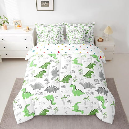 Feelyou Cute Dinosaur 7 Piece Bedding Set Bright Green Grey Dinosaur Comforter Set with Sheets for Kids Boys Girls Nutrue Palm Tree Bed in a Bag Animal Theme Bed Set Soft Lightweight