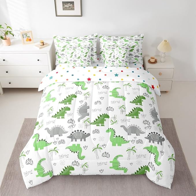 Feelyou Cute Dinosaur 7 Piece Bedding Set Bright Green Grey Dinosaur Comforter Set with Sheets for Kids Boys Girls Nutrue Palm Tree Bed in a Bag Animal Theme Bed Set Soft Lightweight