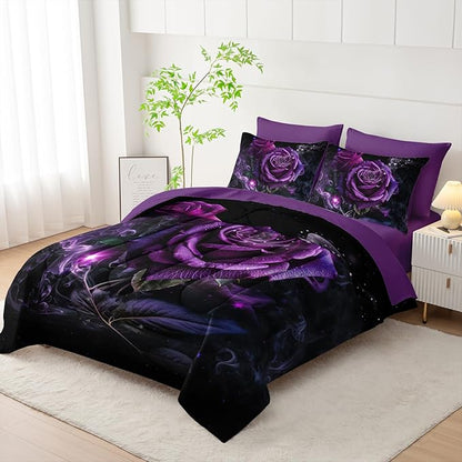 Rose Comforter Set 7 Piece King Size Bed in A Bag,Flowers Bedding for Room Decor,Soft Rose Bedding with Fitted Sheet,Flat Sheet, Pillowcases & Shams