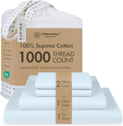 Threadmill Supima Cotton Queen Sheet Set, 1000 Thread Count Queen Sheets for Queen Mattresses, 4 Piece American Luxury Bed Sheets, Sateen Hotel Quality Sheets with Elasticized Deep Pocket, Light Blue