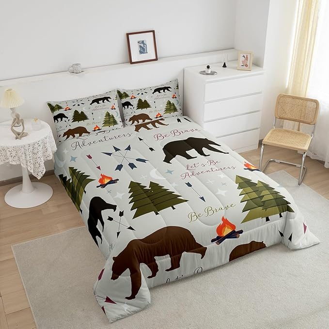 Happy Camping Comforter Set Twin Size Hunt Bear Pine Trees Bedding Set for Kids Boys Men Adults Cabin Room Decor Campfire Arrow Cartoon Quilt Set Wild Outdoor Adventure Duvet Insert 2pcs