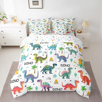 Feelyou Kids Cartoon Dinosaur 7 Piece Bedding Set Colorful Dinosaur Comforter Set with Sheets for Boys Girls Jungle Dino Bed in a Bag Animal Theme Bed Set Soft Lightweight