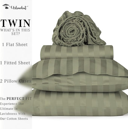URBANHUT 1000 Thread Count Damask Striped Twin Size Egyptian Cotton Sheets, Long Staple Soft & Breathable, 4 Pc Bed Sheet Sets, Luxury Hotel Sateen Sheets Fits 16" Deep Pocket - Sage