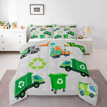 Feelyou Boys Green Garbage Truck Bedding Set - Cartoon Trash Truck Comforter Set for Kids - King Size with 2 Pillow Case