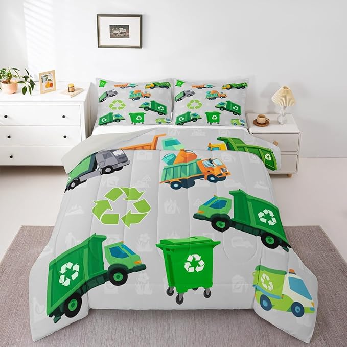 Feelyou Boys Green Garbage Truck Bedding Set - Cartoon Trash Truck Comforter Set for Kids Boys Girls Teens - Queen Size with 2 Pillow Case