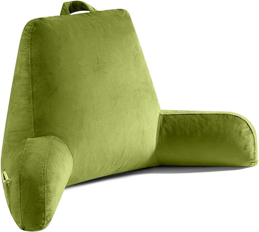 Reading Pillow for Sitting in Bed Adult, X-Large Reading Pillow with Shredded Memory Foam, Back Pillow for Sitting Up with Extend Arms, Pockets, Bed Pillow with Washable Cover, FluorescentGreen