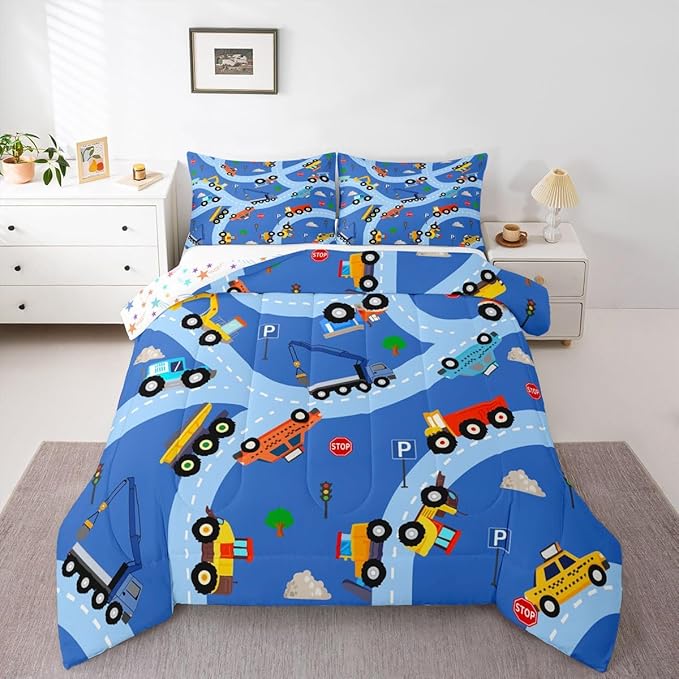 Feelyou Construction Comforter Set Toddler Size Equipment Trucks Bedding Set for Kids Boys Girls Excavator Tractor Duvet Quilt Construction Vehicles Bedroom Decor Yellow Red2 Pcs with 1 Pillow Cases