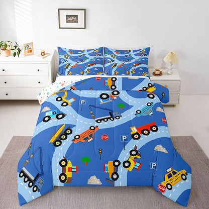 Feelyou Construction Comforter Set Toddler Size Equipment Trucks Bedding Set for Kids Boys Girls Excavator Tractor Duvet Quilt Construction Vehicles Bedroom Decor Yellow Red2 Pcs with 1 Pillow Cases