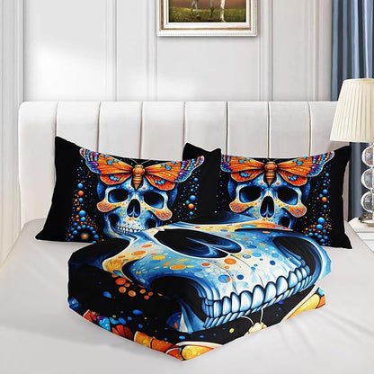 Gothic Skull Comforter Set, King Size, Blue Orange Granular Ball Butterfly Printed Bedding, Halloween Horror Themed, Gothic Bedding with 2 Pillowcases