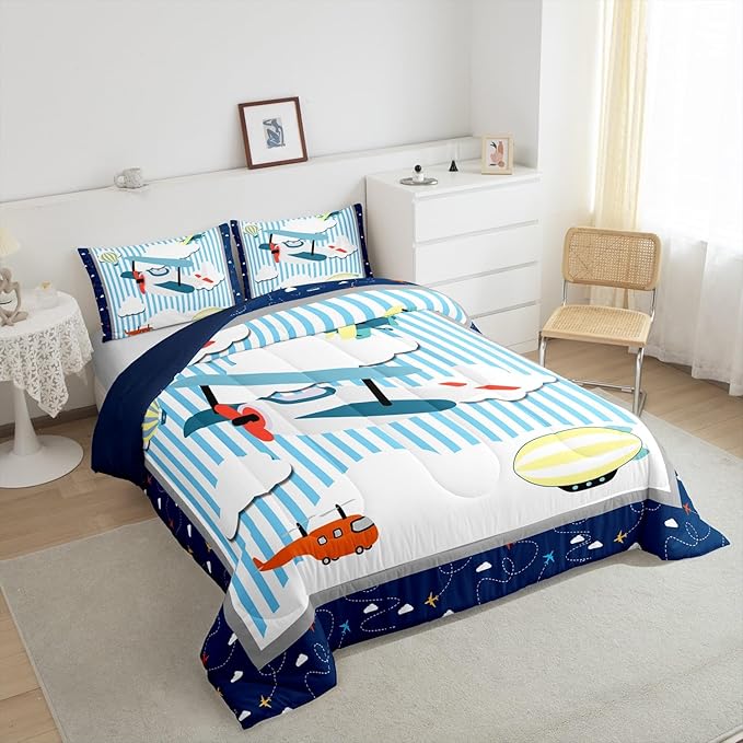 Airplane Kids Bedding Cartoon Aircraft Design Comforter Set Toddler Size Boys Girls Colorful Planes Hot Air Balloon Bed Set Blue and White Sketch Lines Kawaii Clouds Quilt with 1 Pillowcase