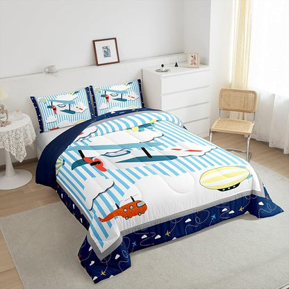 Erosebridal Airplane Kids Bedding Cartoon Aircraft Design Comforter Set Full for Boys Girls Colorful Planes Hot Air Balloon Bed Set Blue and White Sketch Lines Kawaii Clouds Quilt with 2 Pillowcases