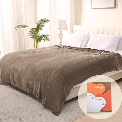Bearhug Velvet Electric Blanket King Size 100" x 90" Taupe Double Sided 10 Heating Levels & 0.5-12H Auto Off Over-Heat Protect ETL Certified,Machine Washable,Dual Controller