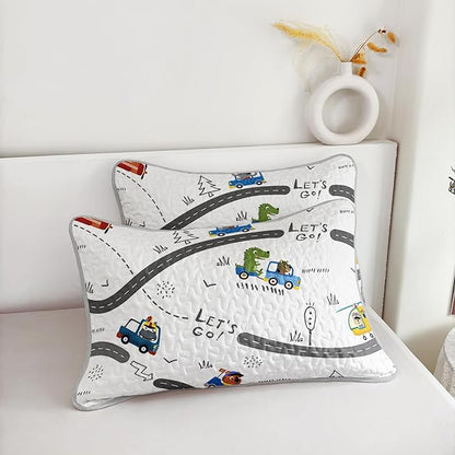 AILONEN Construction Truck Quilt 3-Piece Full Cartoon Bear Bedspread Coverlet for Boys Work Road Print Quilt with 2 Pillowcases Soft and Lightweight
