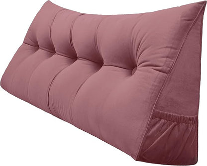 Triangular Reading Bed Rest Pillow Large Bolster Cushion Headboard Backrest Wedge Pillow with Removable Cover and Two Large Side Pockets (Pink, Queen: 59 x 8 x 20 inches)
