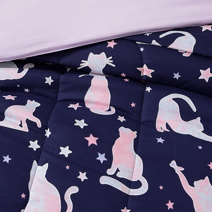 Full Size Comforter Set for Girls-4 Pieces Cute Cat Full Bedding Sets for Kids, 1 Comforter, 2 Shams and 1 Decor Pillow