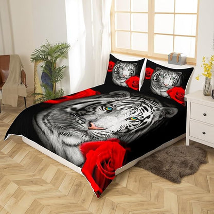 Safari Tiger Comforter Cover King Size, Rose Flower Romantic Floral Bedspread with 2 Pillowcases for Teens Women Adults Bedroom Decorative Fierce Animal Bedding Sets 3 Pieces Decorative Bed Cover