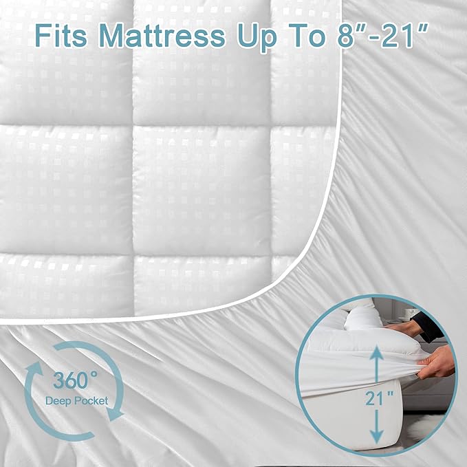 HYLEORY Twin Mattress Pad Quilted Fitted Mattress Protector Cooling Pillow Top Mattress Cover Breathable Fluffy Soft Mattress Topper with 8-21" Deep Pocket
