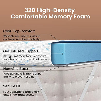 OhGeni Medium Feel Twin XL Cooling Gel Memory Foam Mattress Topper Pad, Washable Bed Cover with Anti-Slip Base,Zipper & Straps,Extra Comfort & Back Pain Relief,College Dorm Room Essential