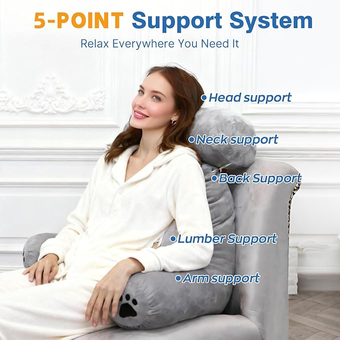 Reading Pillow Plus, Crystal Velvet Back Pillow Bed Sitting Up for Adult & Children, Back Rest Pillow Support for Reading & Rest Bed, Add Height and Removable Pillows Design, for Xmas Gift, Grey