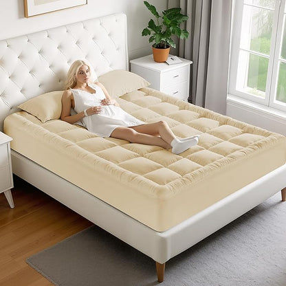 MATBEBY King Size Mattress Pad - Cooling Breathable Mattress Topper, Quilted Fitted Mattress Protector, Pillow Top Mattress Cover with 8-21" Deep Pocket, Soft, Machine Washable, Beige, 78x80 Inches