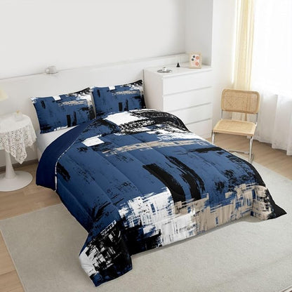 Feelyou Abstract Bedding Set Kids Modern Abstract Art Comforter Set Blue Black White Comforter for Boys Room Decor Lightweight Duvet Set King Size with 2 Pillow Case