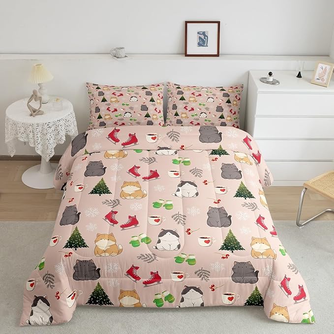 Erosebridal Christmas Cat Comforter Sets King for Kids Boys Girls,Merry Christmas Bedding Set,Winter Snowflake Down Comforter,Xmas Tree Holiday Reversible Bed Set with 2 Pillowcases for Bedroom