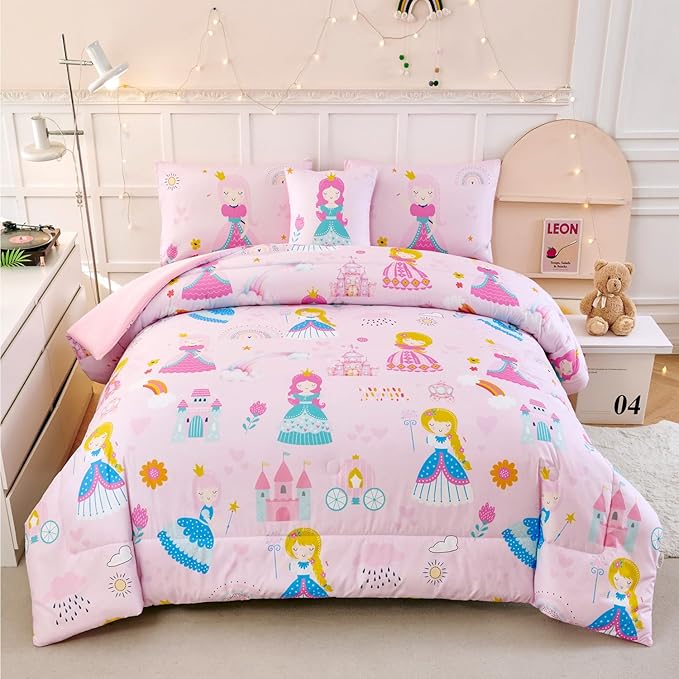 ANGIYUIN 6Pcs Pink Twin Size Comforter Set for Girls Princess Bedding Fairy Tales Castle Kids Bed in A Bag with Sheets Cute Soft Printed Girl Bedding Set for All Season