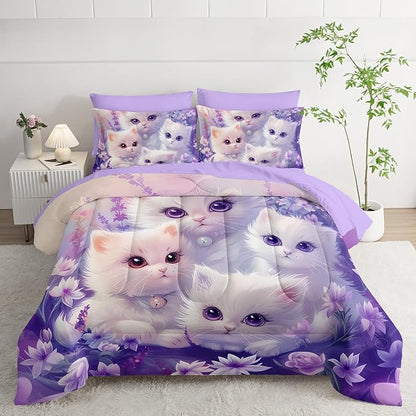 Cat Bedding 7 Piece Comforter Set Full Size,Cute Animal Themed Bed Set for Girls Room Decor,Kids Bedding with 1 Comforter,1 Flat Sheet,1 Fitted Sheet,4 Pillowcases.