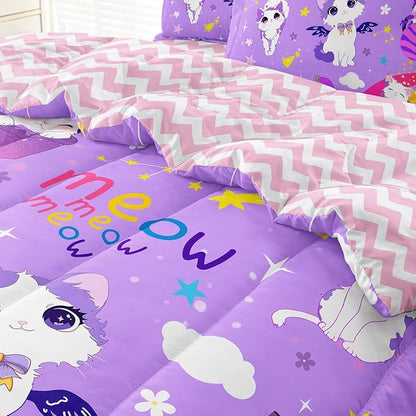 Kids Bedding 5-Piece Cat Comforter Sets Twin Size, Purple Bedding Set for Teens Kids Girls Bed in a Bag Cute Room Decor