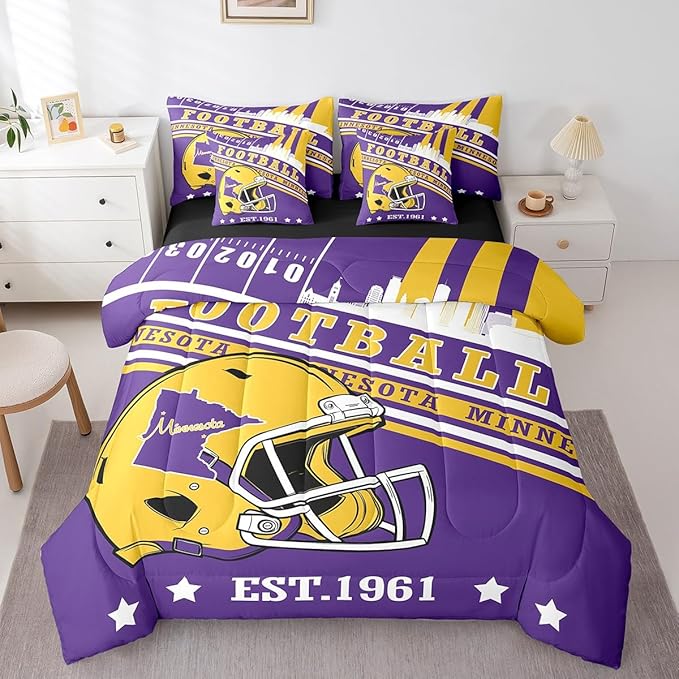 Erosebridal Football Bedding Rugby Seasonal Color Comforter Set King, Cartoon 3D Helmet Sports City Illustration Comforter + Flat Sheet + Fitted Sheet + 2 Pillowcases + 2 Throw Pillow Covers