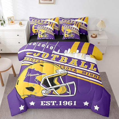 Erosebridal Football Bedding Rugby Seasonal Color Comforter Set King, Cartoon 3D Helmet Sports City Illustration Comforter + Flat Sheet + Fitted Sheet + 2 Pillowcases + 2 Throw Pillow Covers