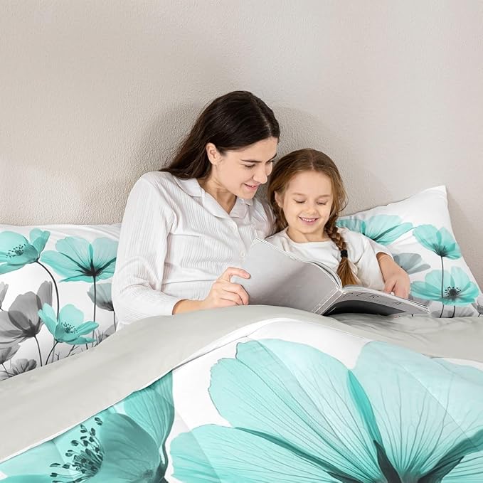 Erosebridal Teal Floral King Comforter Set,Teal and Gray Flower Bedding Sets for Kids Girls Women,Farmhouse Flowers Bed Set,Boho Flowers Wildflower Room Decor with 2 Pillowcases,Ultra Soft