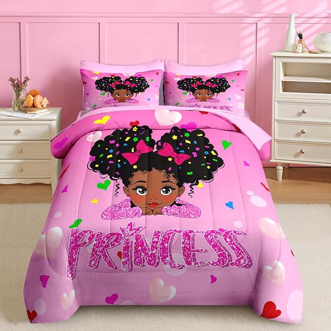 Nesker 7 Pcs Comforter Set Full Size, Pink Princess Bedding for Kids Teen, Cute Fairy Fantasy Girl with Fitted Sheet 2 Pillowcases & 2 Shams for Bedroom Bed Decor