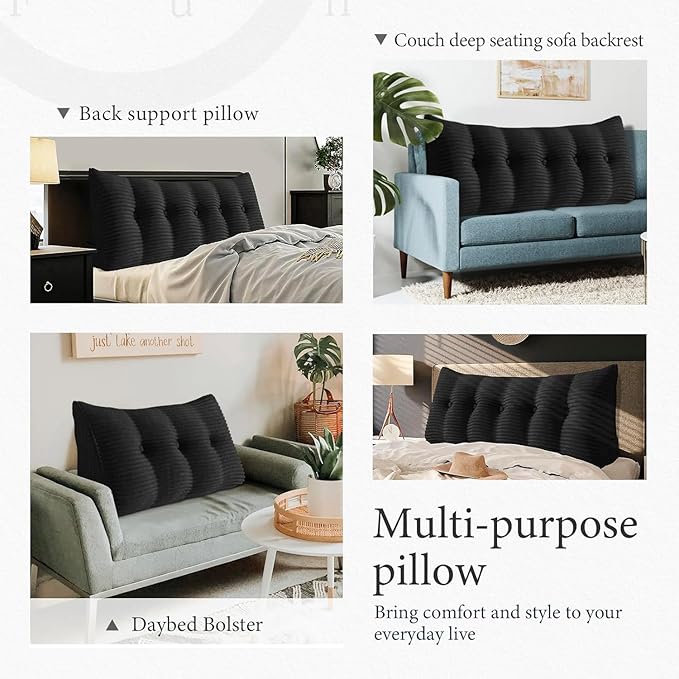 Wedge Headboard Pillow Dorm Room Reading Pillow Back Support for Sitting Up in Bed Bolster Lumbar Cushion Body Positioning Bedrest Corduroy (Black, King (76 * 8 * 20in))