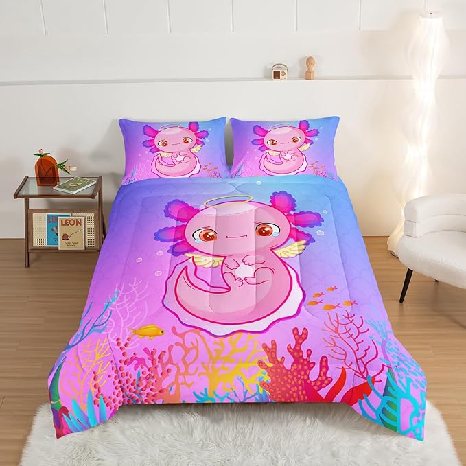 HOSIMA Cartoon 3D Print Axolotl Comforter Sets King Size,Cute Ocean Animal Bedding Sets for Kids Girls,Color Undersea World Plant Print Comforter Sets Decorative with 2 Pillowcases.