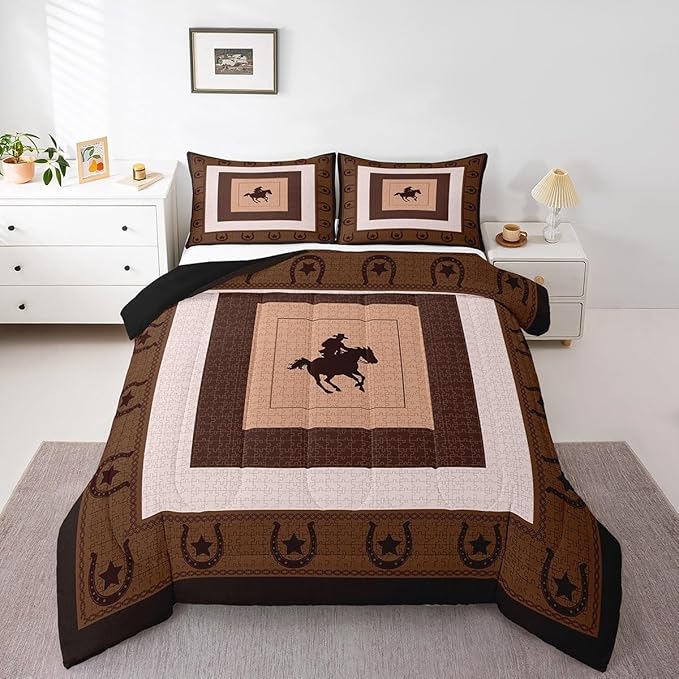 Feelyou Western Decor Comforter Set Queen Size Horse Comforter for Boys Girls Teens Cowboy Bedding Set Southwestern Native Aztec Duvet Set Room Decor Brown Quilt Set