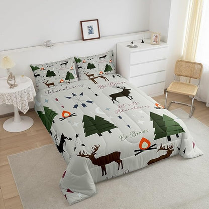 Adventure Deer Comforter Set King Size,Cartoon Pine Tree Jungle Animals Bedding Set,Arrow and Stars Moon Quilt Set for Kids Girls Boys Adult Room Decor Rustic Camping Duvet Insert Green 3Pcs