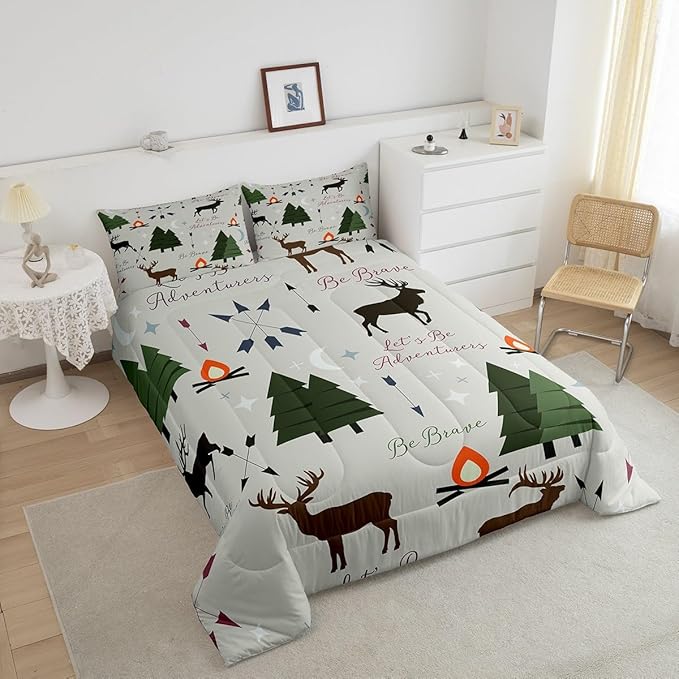 Adventure Deer Comforter Set Queen Size,Cartoon Pine Tree Jungle Animals Bedding Set,Arrow and Stars Moon Quilt Set for Kids Girls Boys Adult Room Decor Rustic Camping Duvet Insert Green 3Pcs