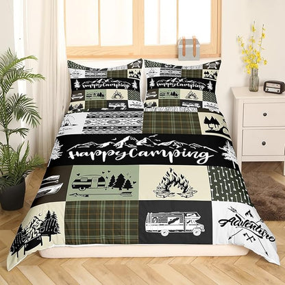 Camper Adventure Duvet Cover Queen Size,Happy Camping Plaid Travel Trailers Decor Duvet Cover Set for Children Adult,Retro Tribal Aztec Exotic Soft Comforter Cover for Bedroom, Zipper, Ties