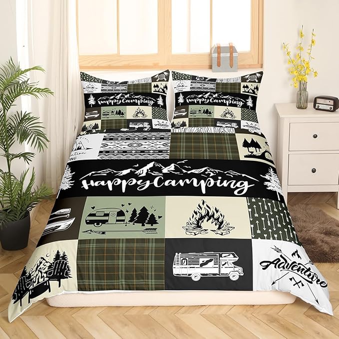 Camper Adventure Bedding Set King Size for Teens,Happy Camping Plaid Travel Trailers Decor Comforter Cover with 2 Pillowcases,Retro Tribal Aztec Exotic Duvet Cover Set Microfiber Quilt Cover