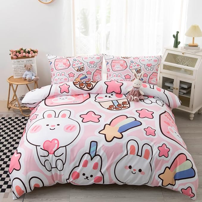 CVHOUSE Kawaii Bedding Set King Size,Cute Rabbit Bed for Girls Kids Teens,Pink Comforter Cover Soft,Kawaii Duvet Set,Girls Room Decor Quilt King 90'x102'