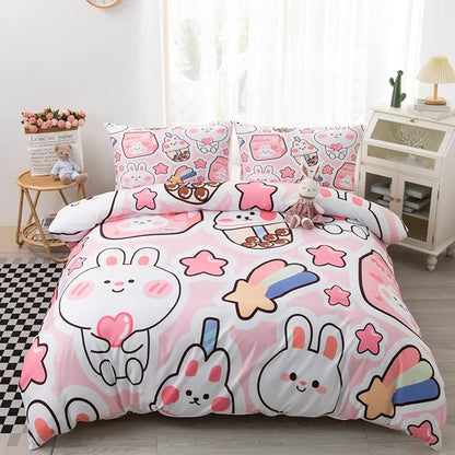 CVHOUSE Kawaii Bedding Set King Size,Cute Rabbit Bed for Girls Kids Teens,Pink Comforter Cover Soft,Kawaii Duvet Set,Girls Room Decor Quilt King 90'x102'