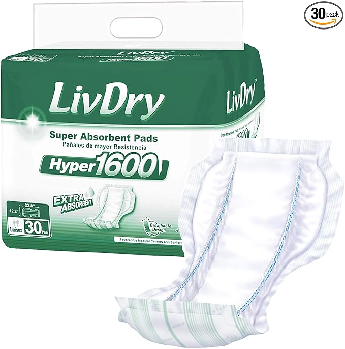 LivDry High Absorbency Pad Insert for Incontinence Briefs and Adult Diapers, Women and Men, Hyper 1600 (30 Count)