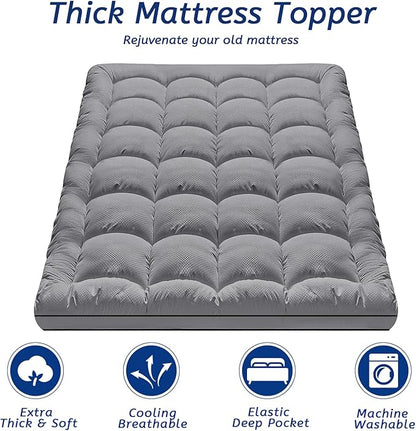 MATBEBY California King Mattress Topper, Extra Thick, Quilted Fitted, Breathable, Machine Washable, Deep Pocket, Dark Grey