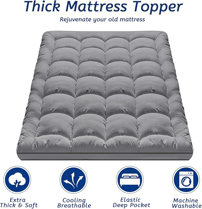 Full XL Mattress Topper for Back Pain, Cooling Extra Thick Mattress Pad Cover with 8-21 inch Deep Pocket, Plush Pillow Top Mattress Topper Overfilled with Down Alternative, Full Extra Long, Dark Grey