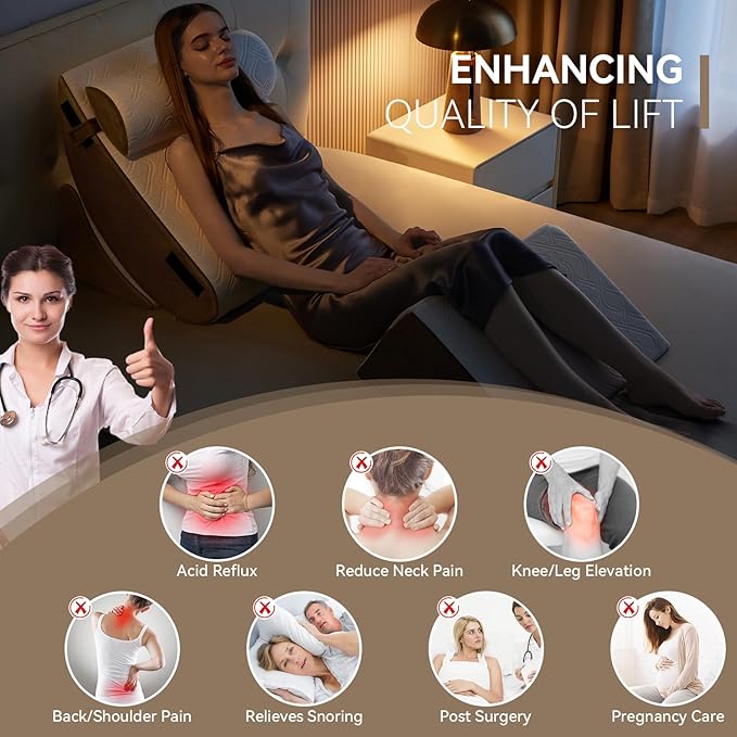 Newgoo Wedge Pillow Set for After Surgery, 5PCS XL Bed Wedge Pillow for Sleeping, Memory Foam Orthopedic Back Pillow for Pain Relief and Acid Reflux, Adjustable Post Surgery Pillow Grey Brown